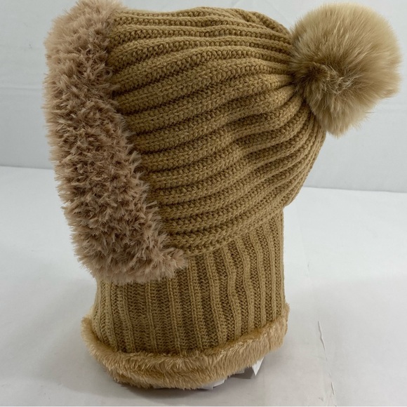Cozy Women’s One Piece Scarf & Mask Tan Knit Pom-Pom Hat - Picture 2 of 14